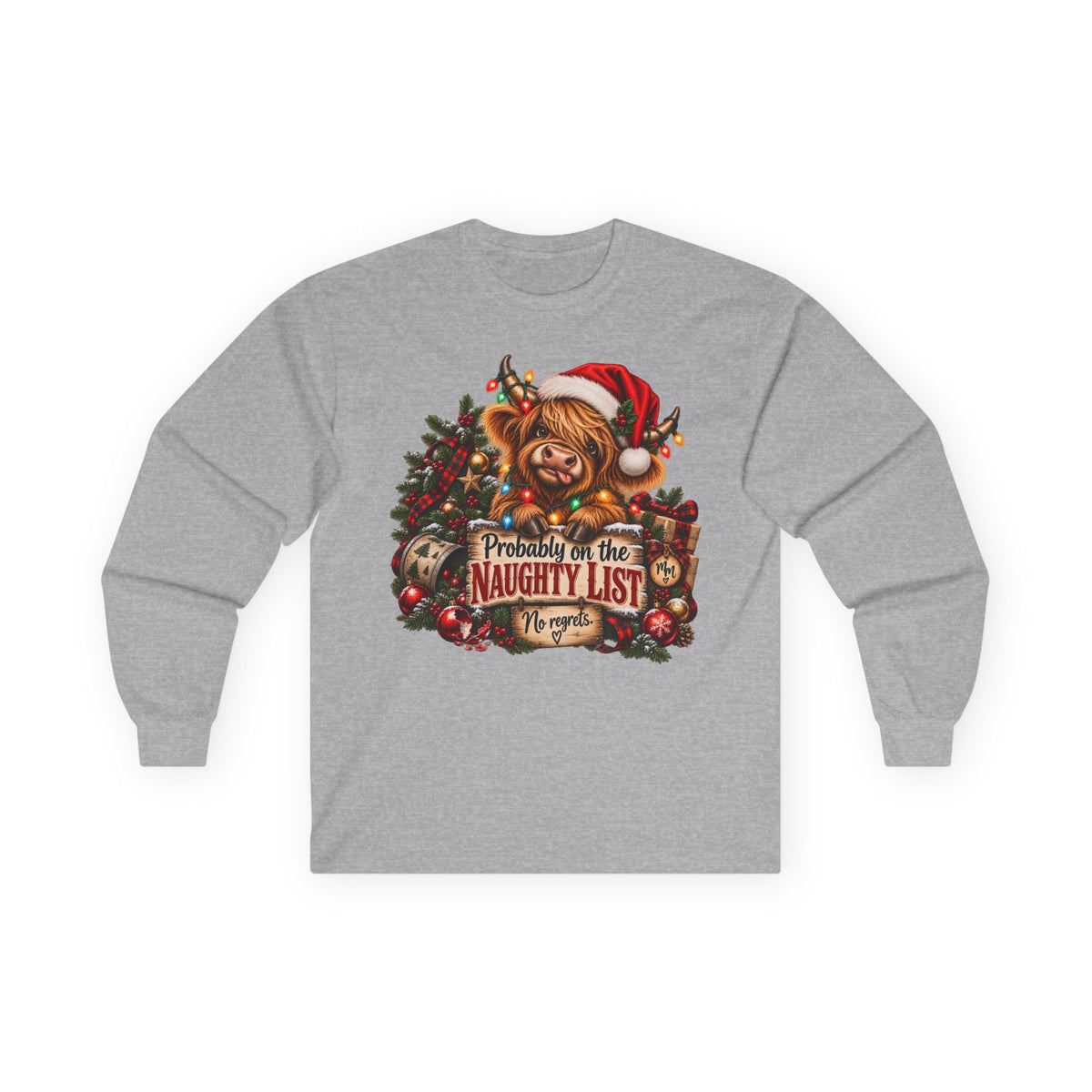Christmas Naughty List Long Sleeve Tee — Cute Dog Santa Hat Holiday Shirt (S–5XL)