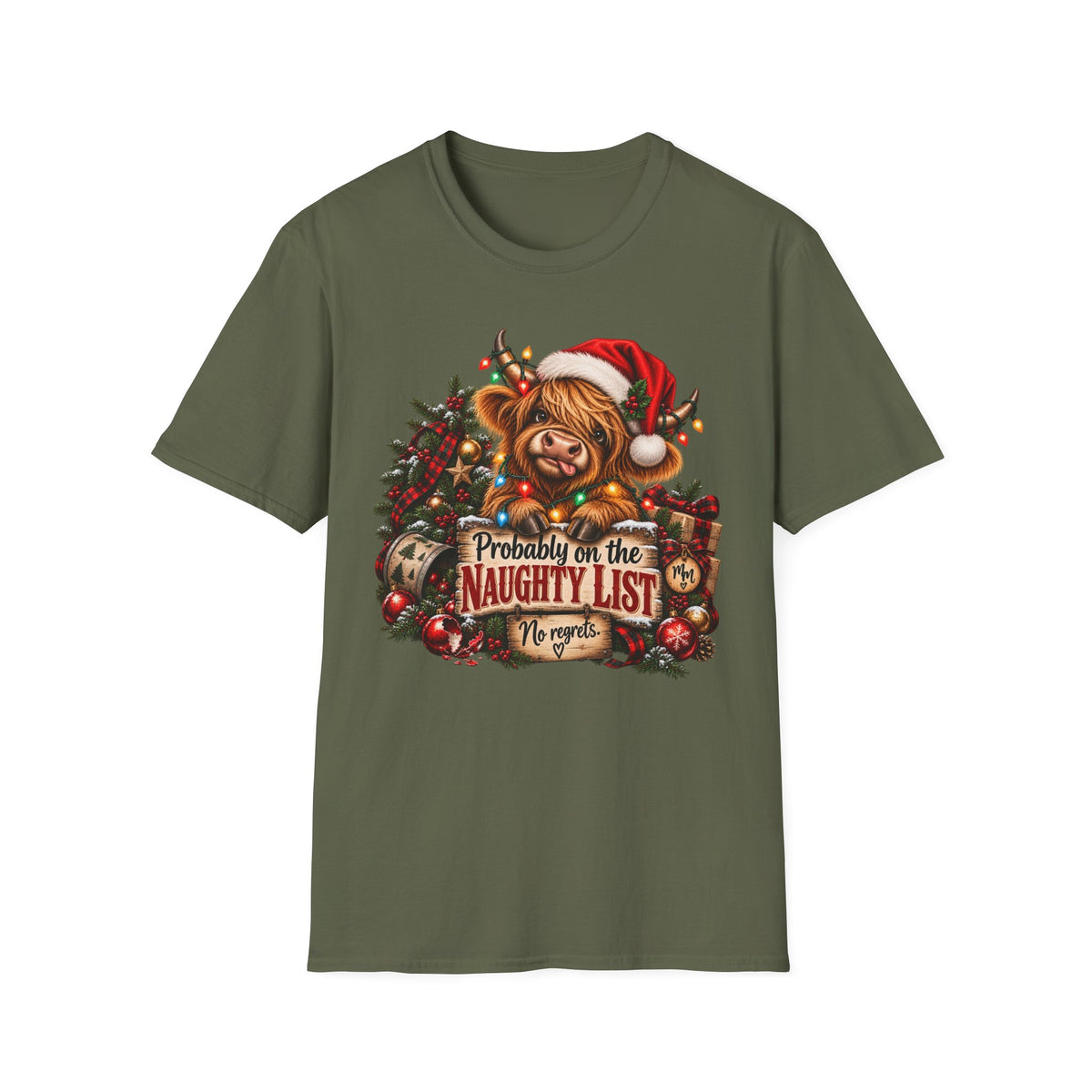 Christmas Highland Cow T-Shirt — "Probably on the Naughty List" Holiday Tee