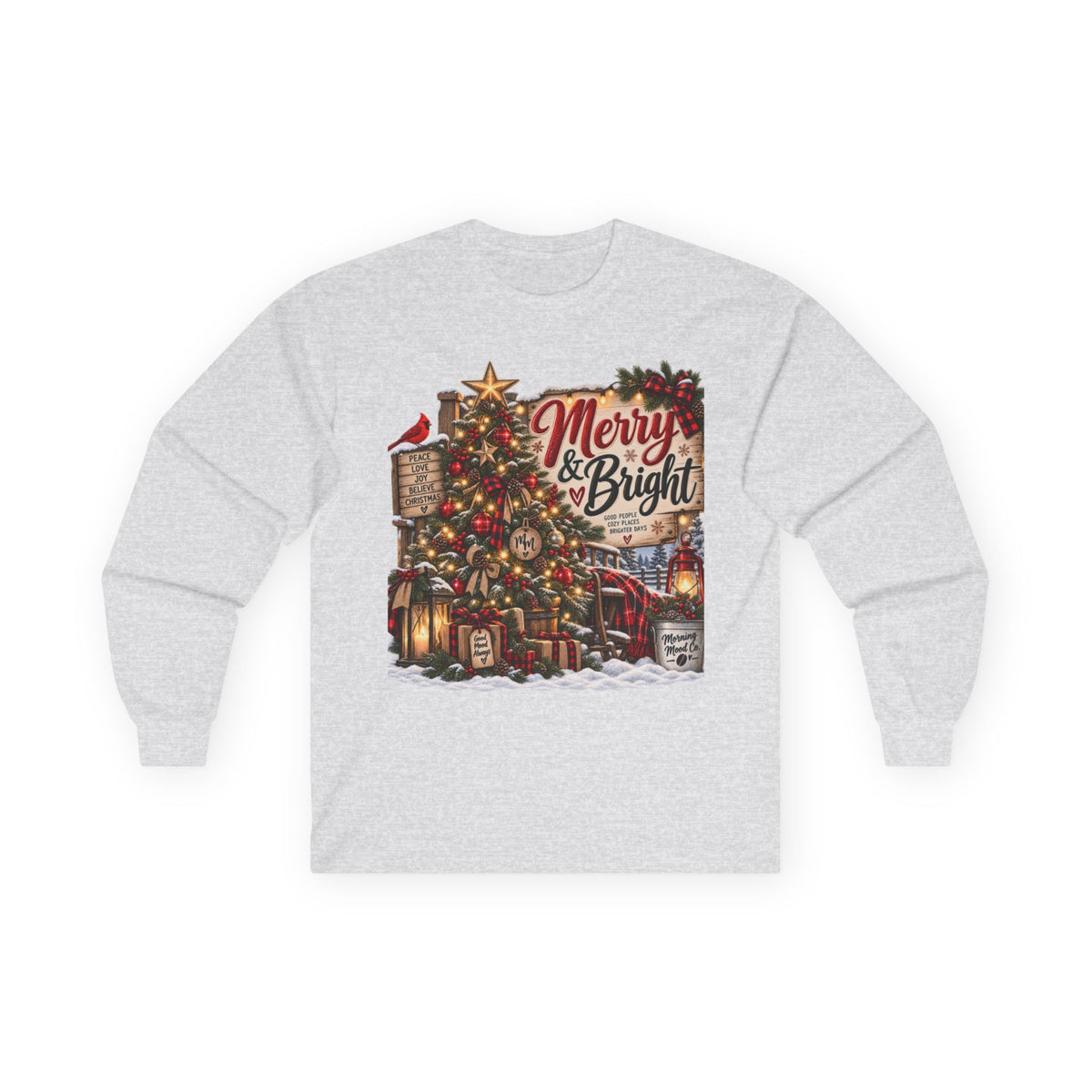 Christmas Graphic Long Sleeve Tee - "Merry & Bright" Holiday Shirt