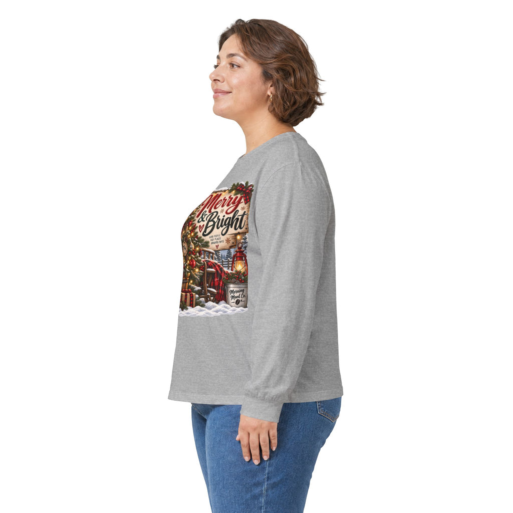 Christmas Graphic Long Sleeve Tee - "Merry & Bright" Holiday Shirt