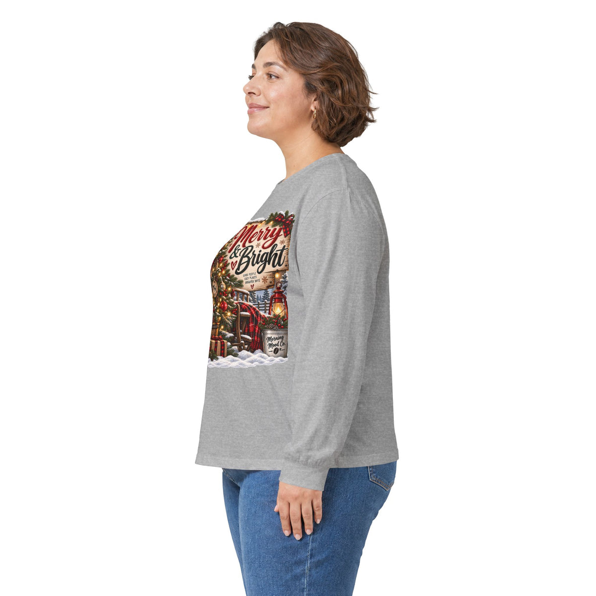 Christmas Graphic Long Sleeve Tee - "Merry & Bright" Holiday Shirt