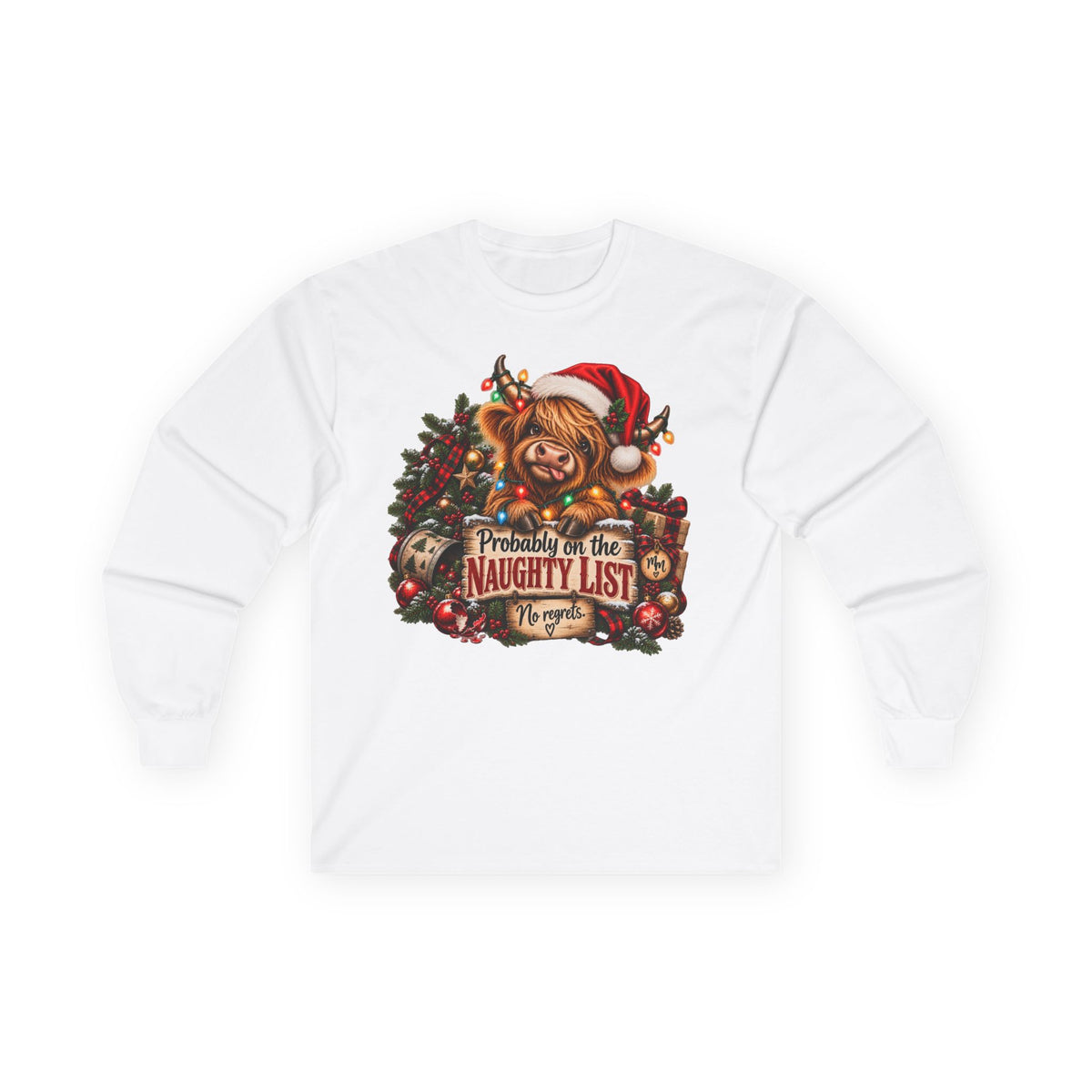 Christmas Cow Long Sleeve Tee — "Probably on the Naughty List" Holiday Shirt