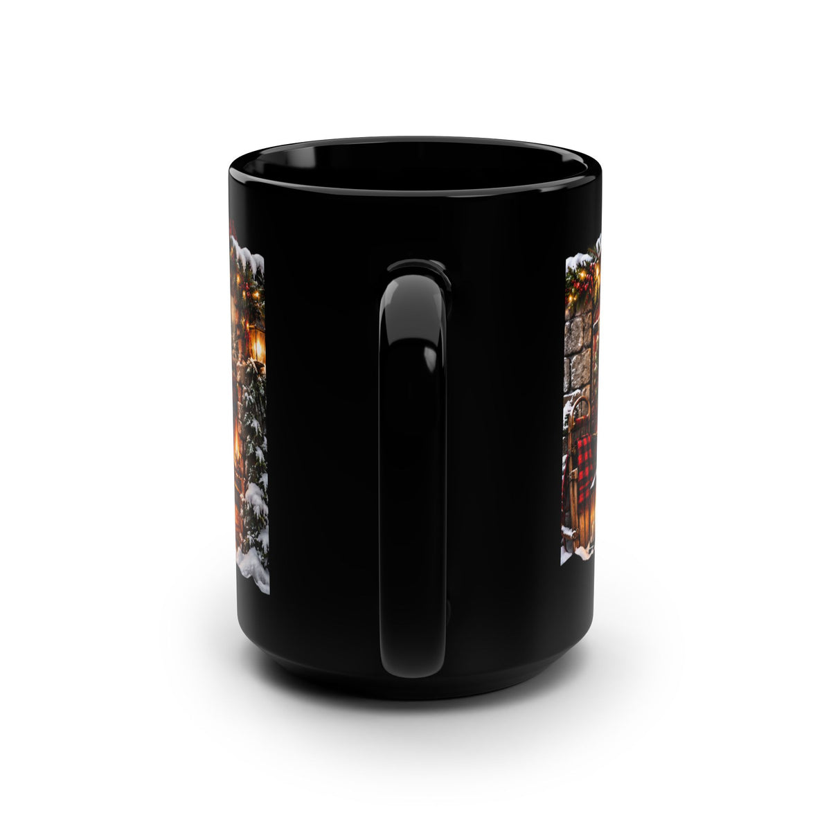 Christmas Cozy Fireplace 15oz Black Mug — 'Good Books, Hot Coffee, Christmas Movies' Holiday Coffee Cup