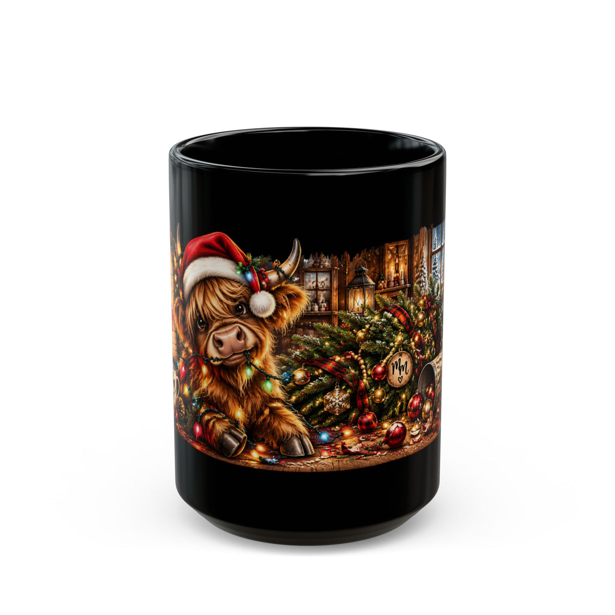 Highland Cow Christmas Mug — Santa Hat Cow Holiday Black Mug (11oz/15oz)
