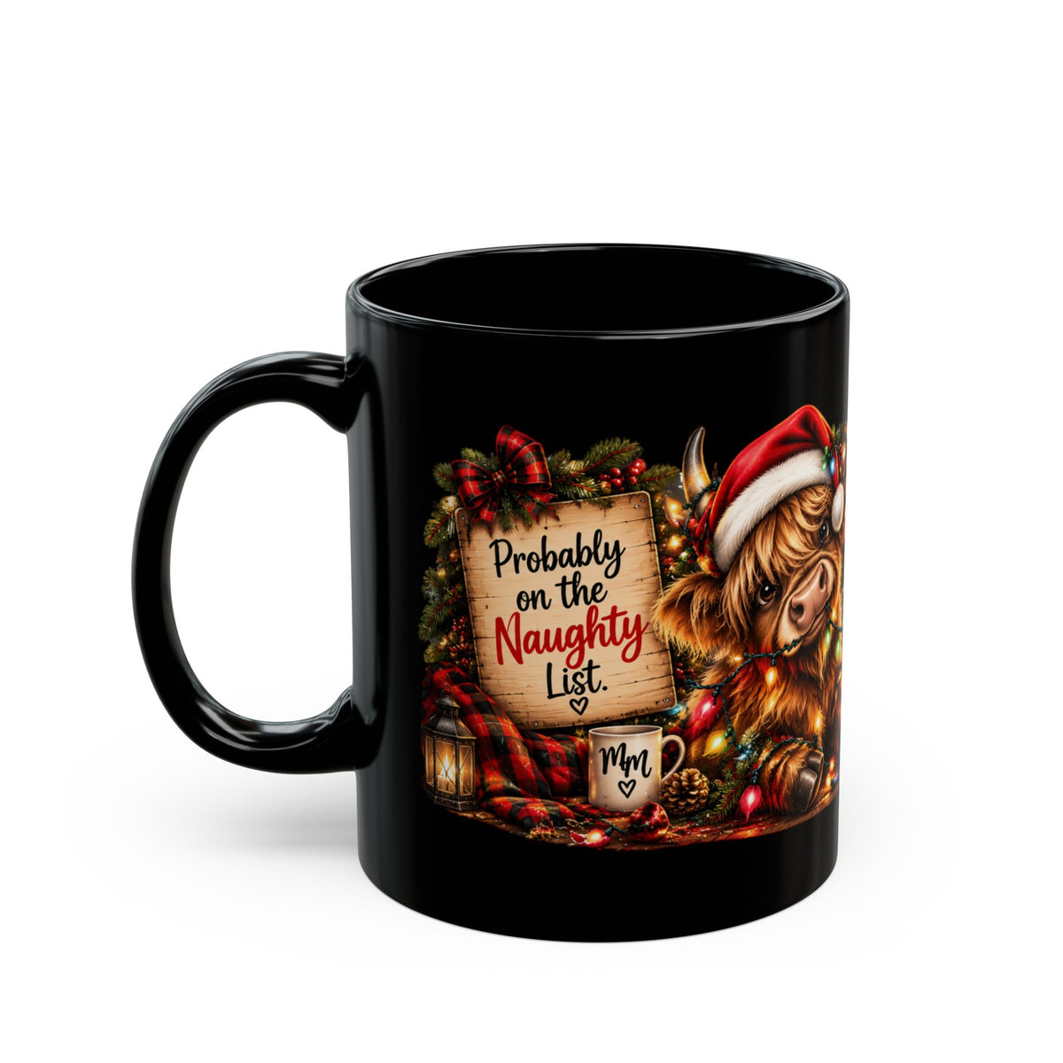 Highland Cow Christmas Mug — Santa Hat Cow Holiday Black Mug (11oz/15oz)