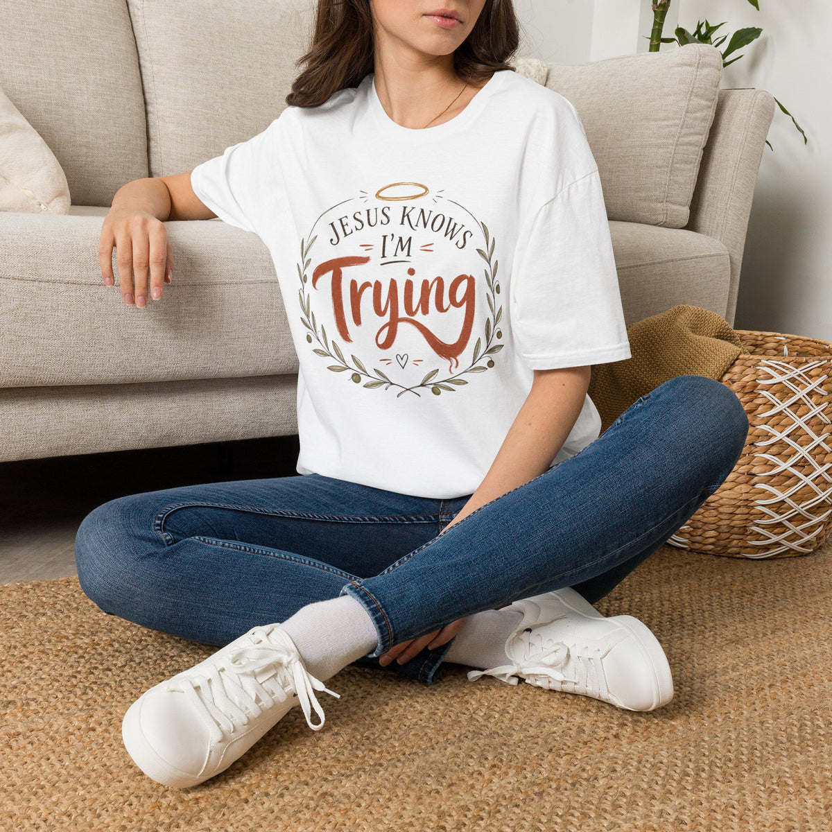 Christian T‑Shirt — "Jesus Knows I'm Trying" Inspirational Faith Tee