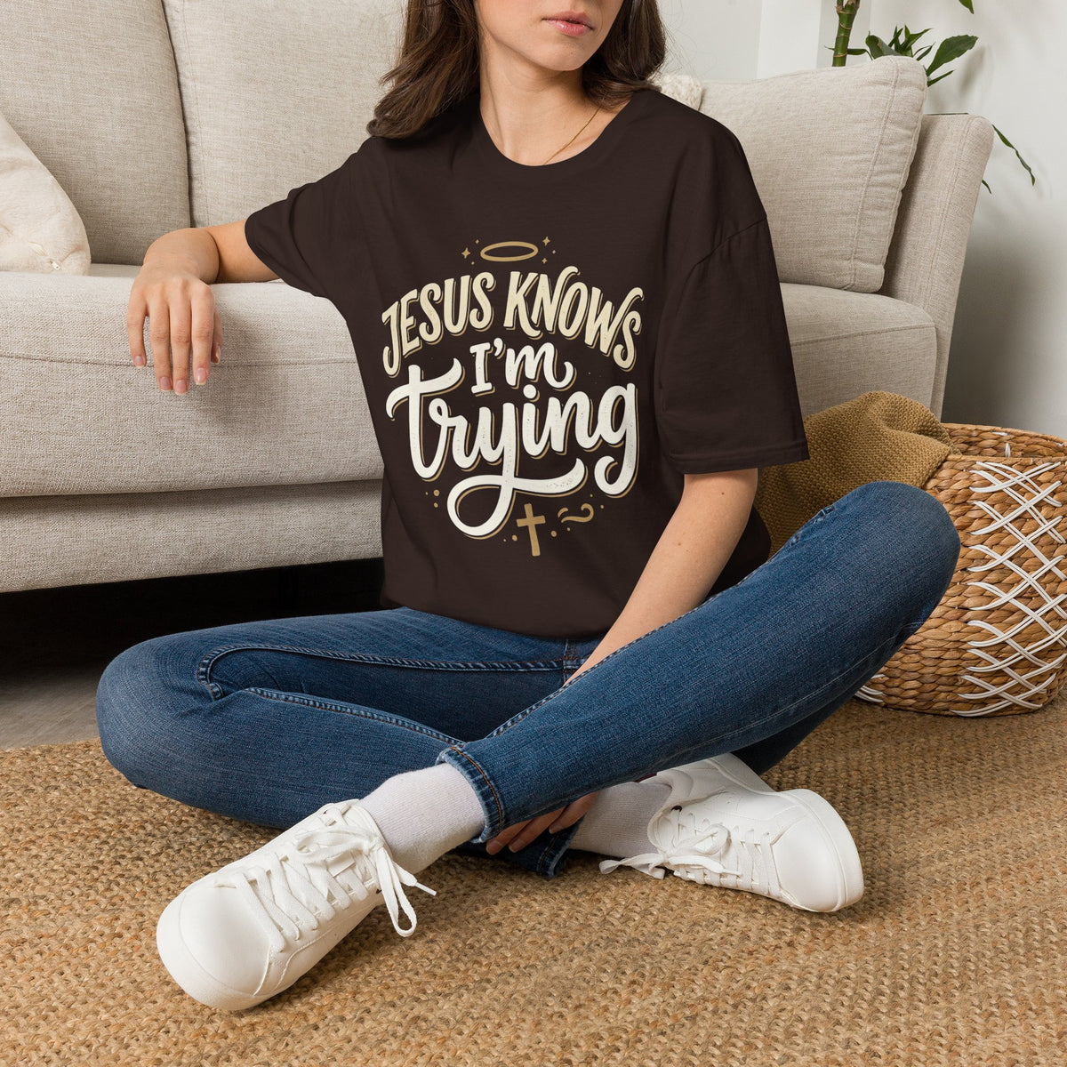 Jesus Knows I’m Trying T-Shirt — Faith-Based Christian Graphic Tee