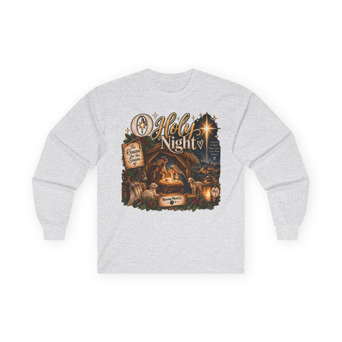 Holy Night Nativity Long Sleeve Tee — Christmas Religious Tee