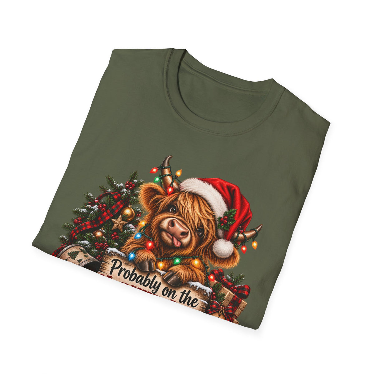 Christmas Highland Cow T-Shirt — "Probably on the Naughty List" Holiday Tee