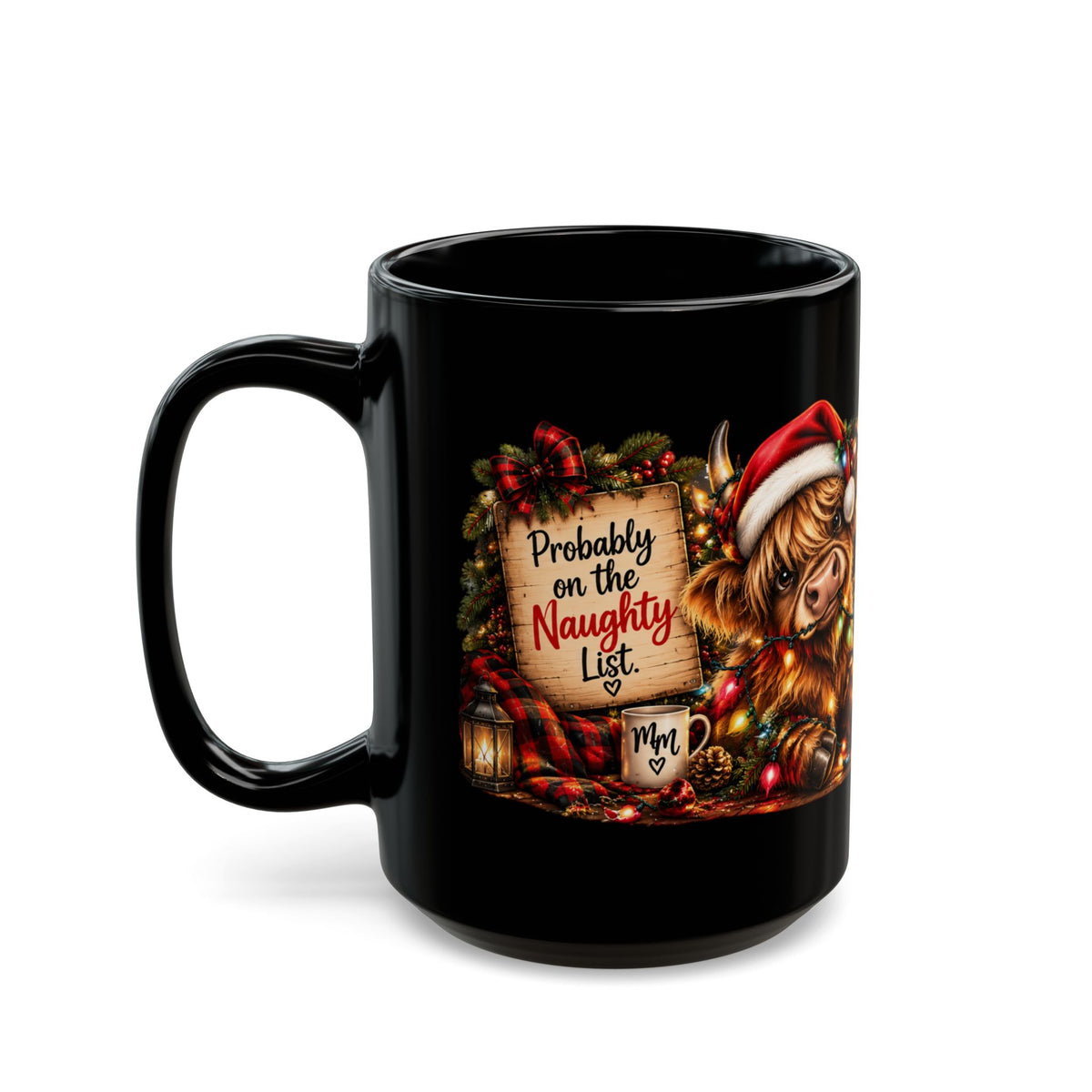 Highland Cow Christmas Mug — Santa Hat Cow Holiday Black Mug (11oz/15oz)