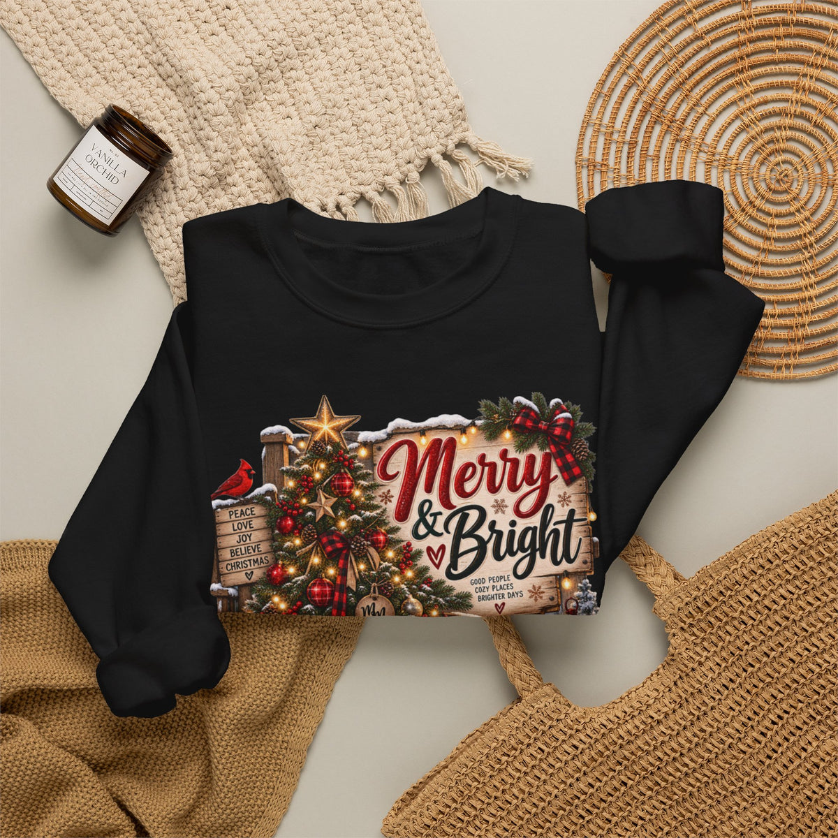 Christmas Sweatshirt "Merry & Bright" Vintage Tree Holiday Crewneck