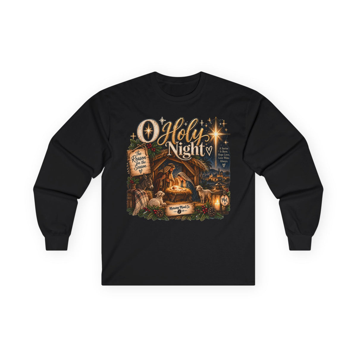 Holy Night Nativity Long Sleeve Tee — Christmas Religious Tee