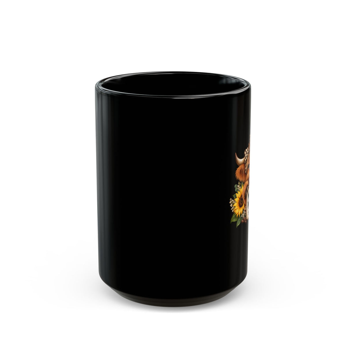 Highland Cow Morning Mug – 'Morning Mood Co.' Black Coffee Cup with Sunflowers (11oz/15oz)