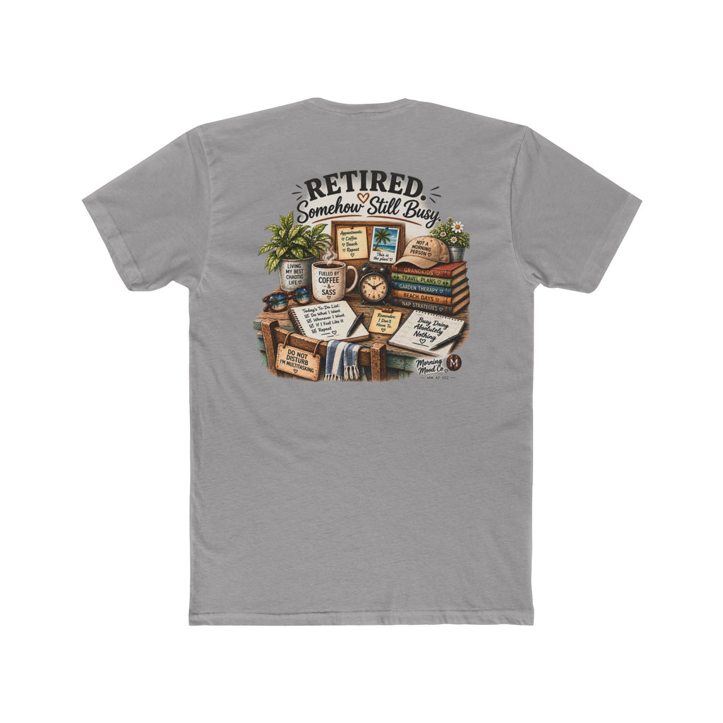 Retired & Somehow Still Busy T‑Shirt — Vintage Bookshelf Retirement Tee