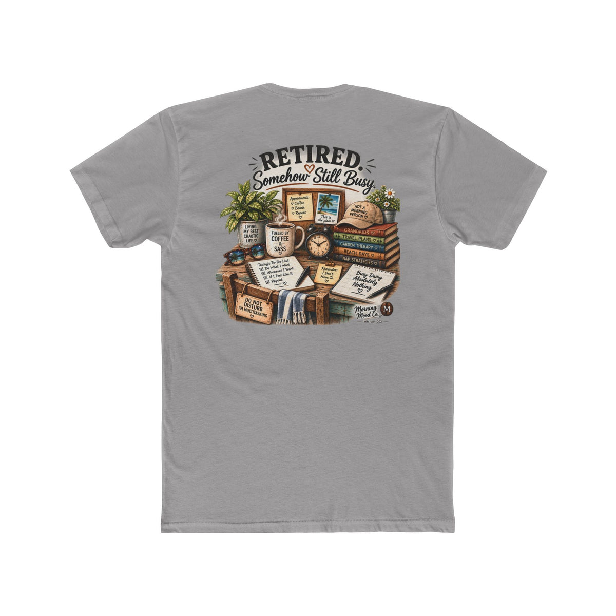 Retired & Somehow Still Busy T‑Shirt — Vintage Bookshelf Retirement Tee