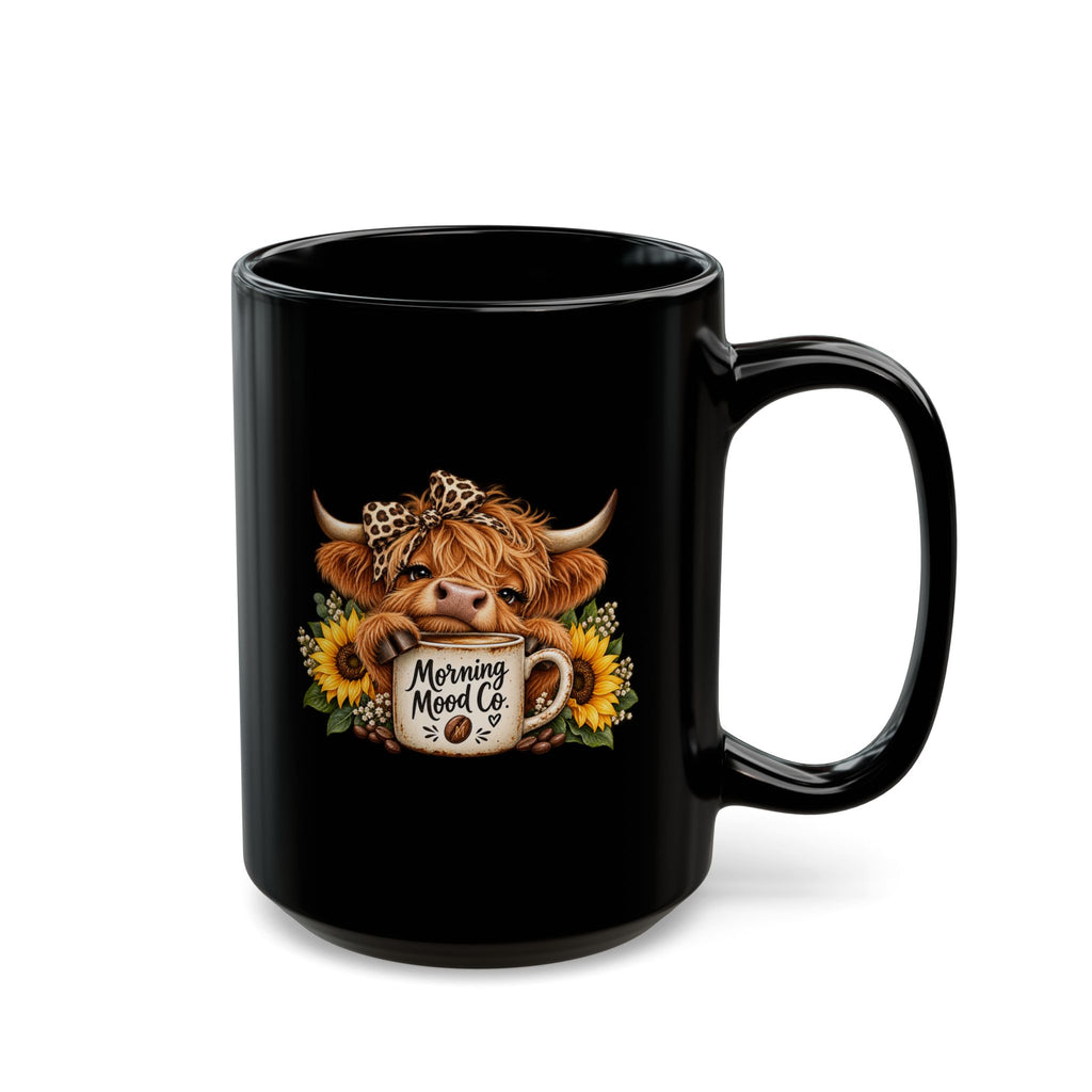Highland Cow Morning Mug – 'Morning Mood Co.' Black Coffee Cup with Sunflowers (11oz/15oz)