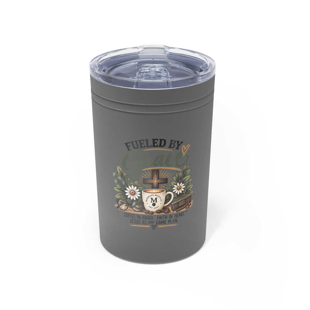Fueled By Grace 11oz Vacuum Tumbler — Christian Coffee Cup with Cross & Floral Design