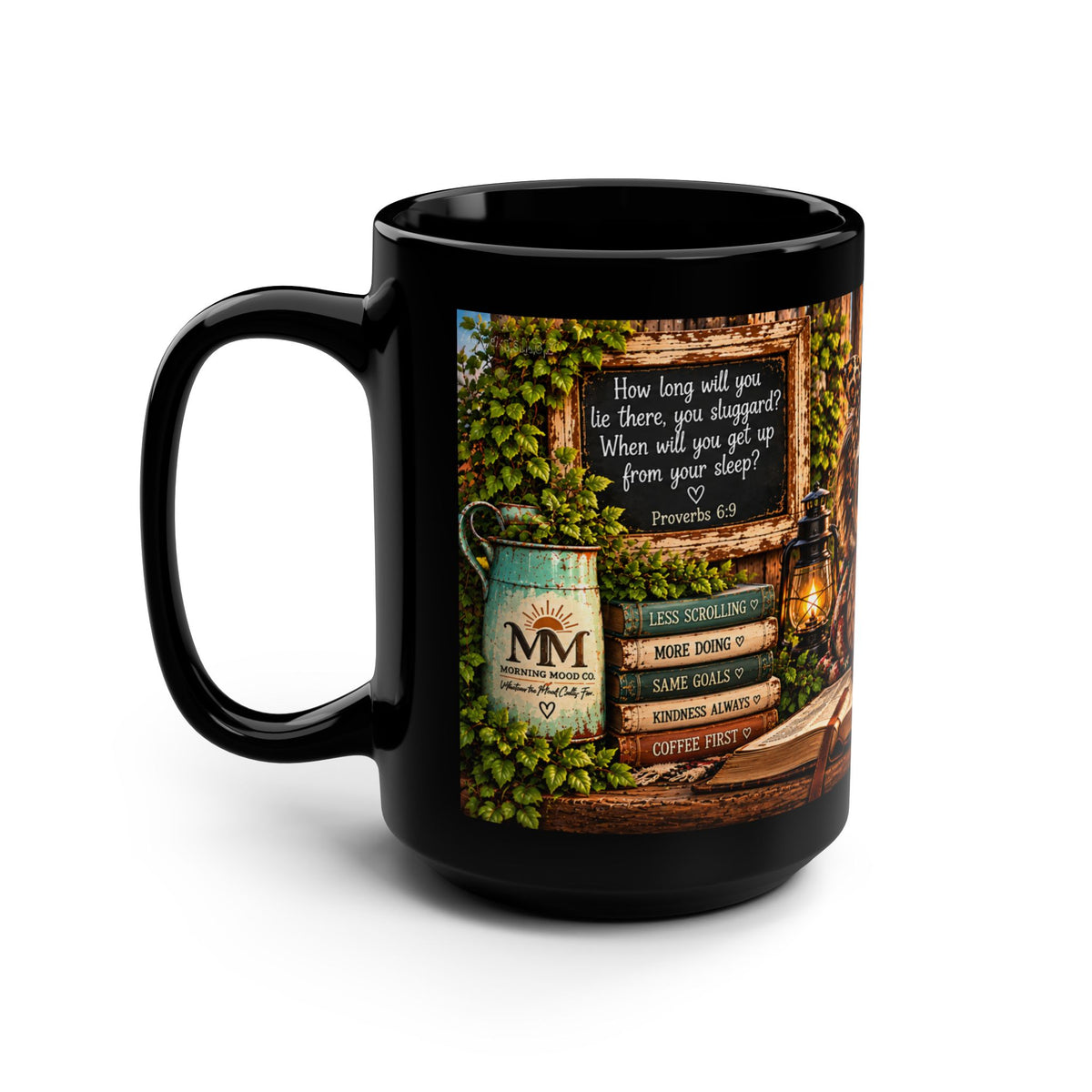 How Long Will You Lie There Owl Black Mug, 15oz