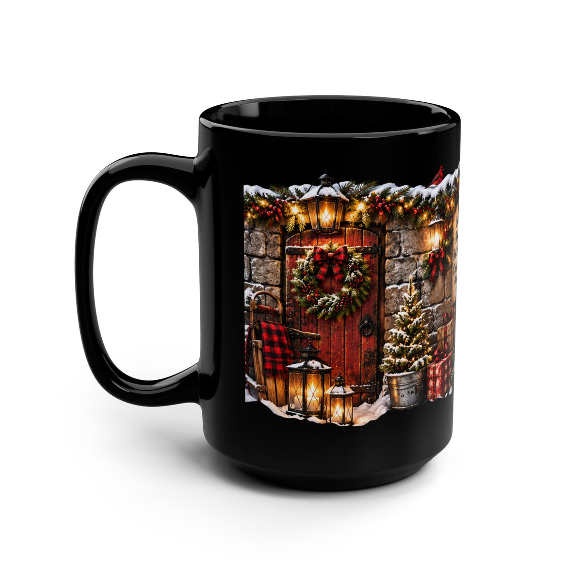 Christmas Cozy Fireplace 15oz Black Mug — 'Good Books, Hot Coffee, Christmas Movies' Holiday Coffee Cup
