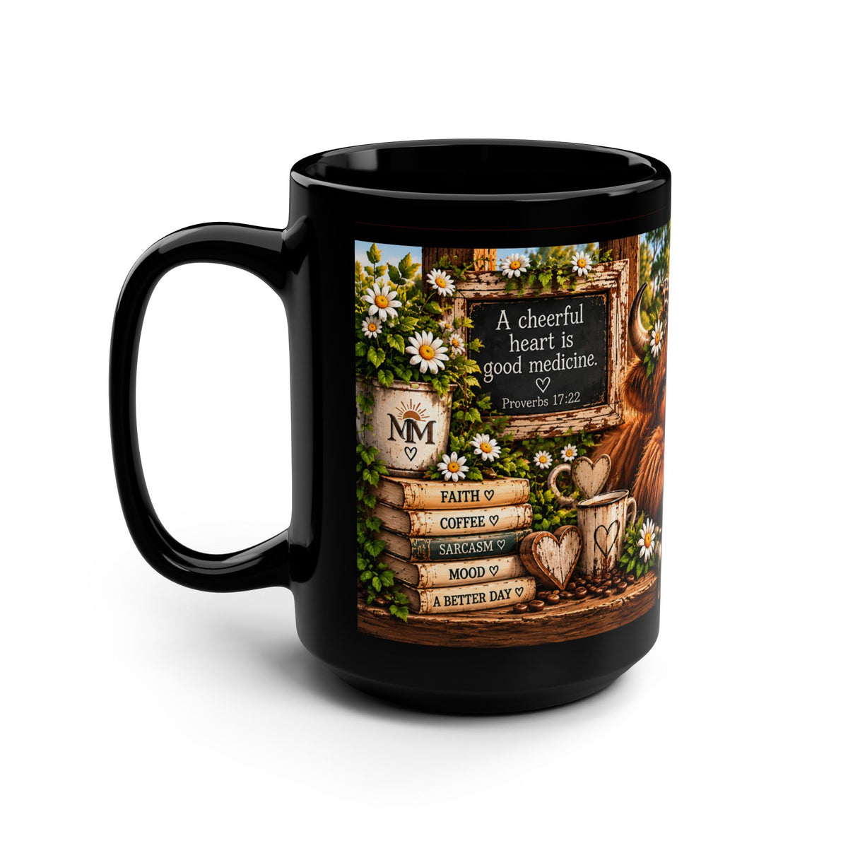 Mocha Proverbs 17:22 Black Mug, 15oz