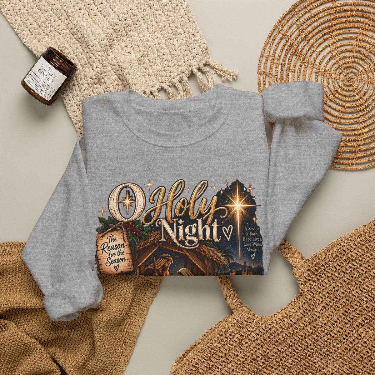 Christmas Nativity Crewneck Sweatshirt — "O Holy Night" Holiday Sweatshirt