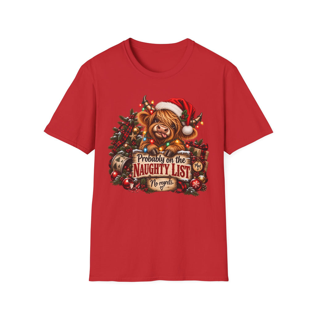 Christmas Highland Cow T-Shirt — "Probably on the Naughty List" Holiday Tee