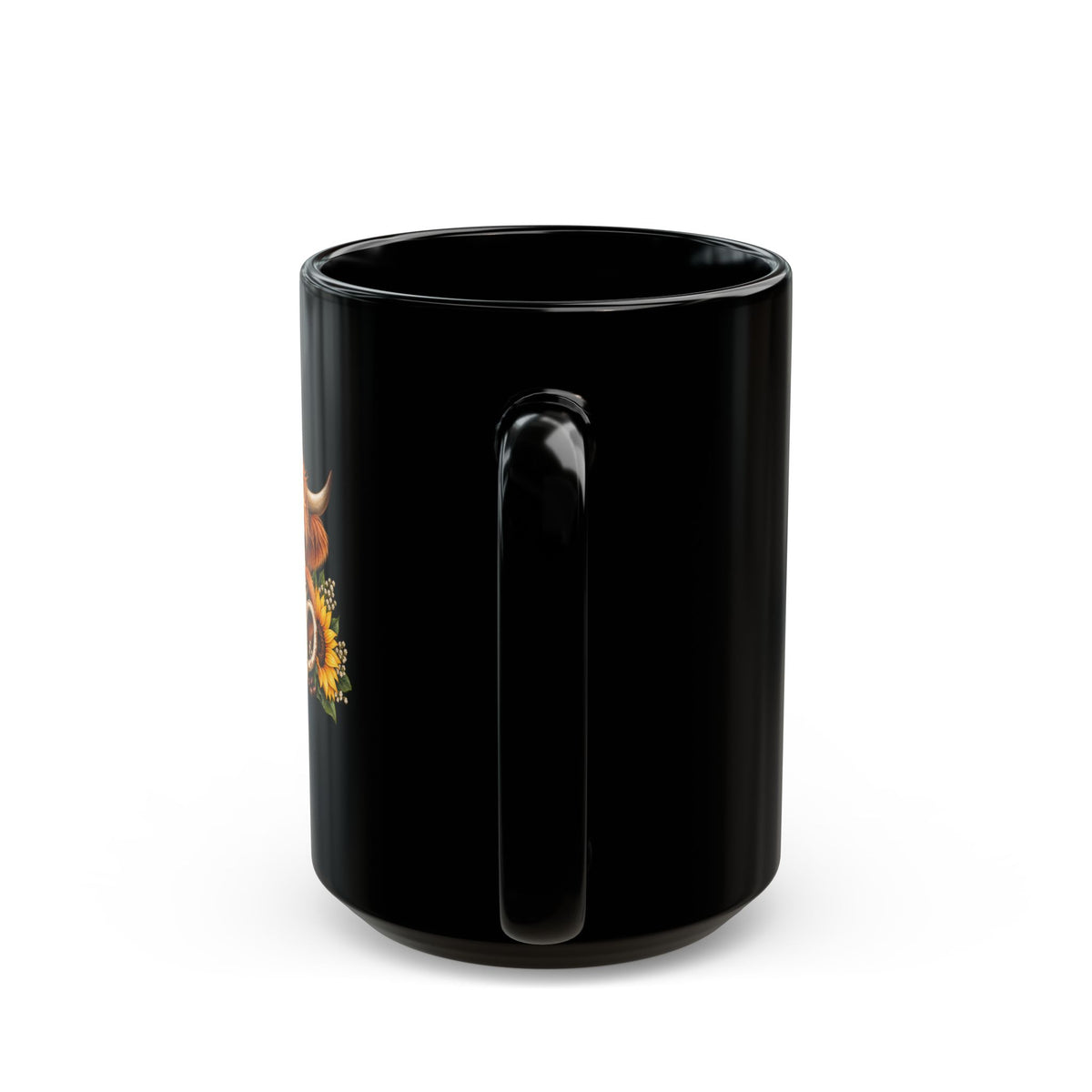 Highland Cow Morning Mug – 'Morning Mood Co.' Black Coffee Cup with Sunflowers (11oz/15oz)