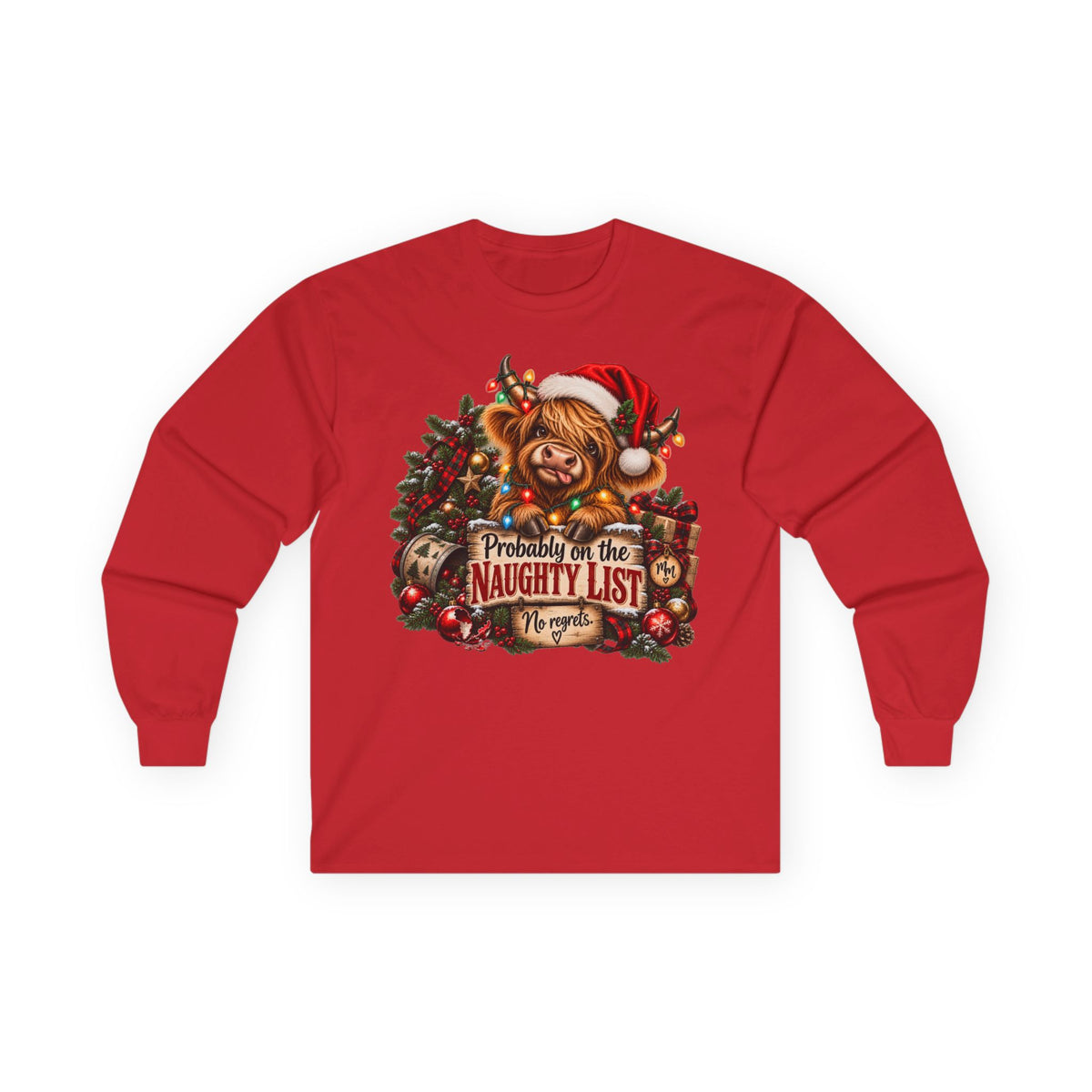 Christmas Naughty List Long Sleeve Tee — Cute Dog Santa Hat Holiday Shirt (S–5XL)