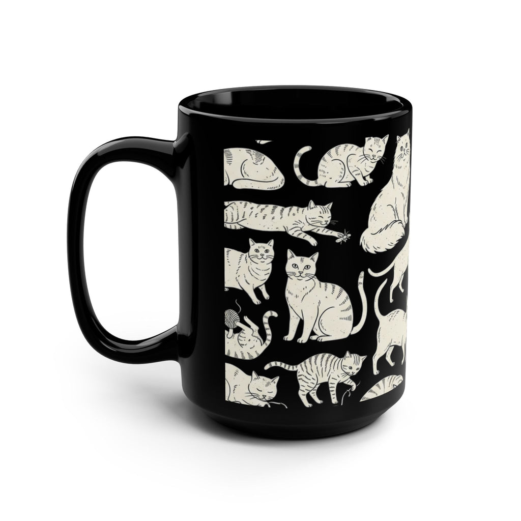 15oz Black Cat Mug — Cream Cat Pattern Coffee Cup