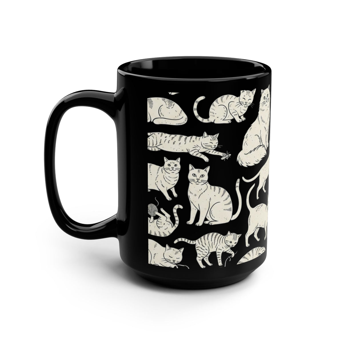 15oz Black Cat Mug — Cream Cat Pattern Coffee Cup