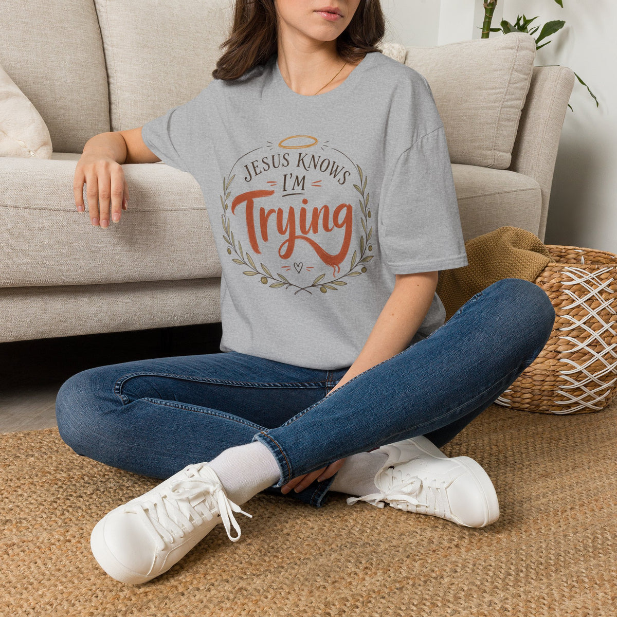Christian T‑Shirt — "Jesus Knows I'm Trying" Inspirational Faith Tee