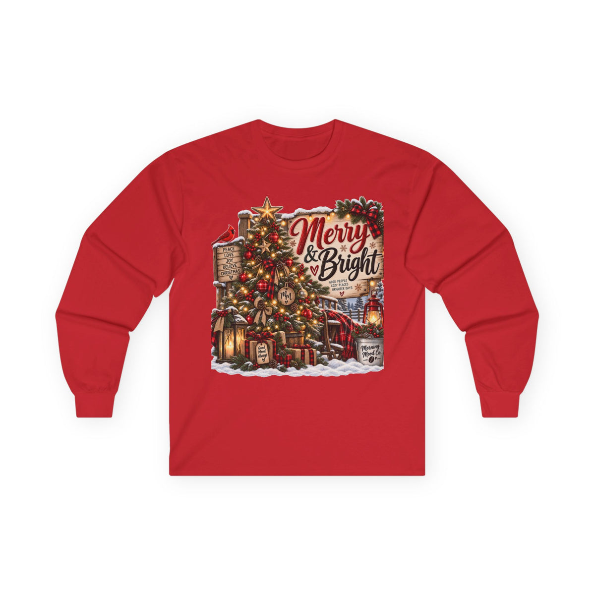 Christmas Graphic Long Sleeve Tee - "Merry & Bright" Holiday Shirt