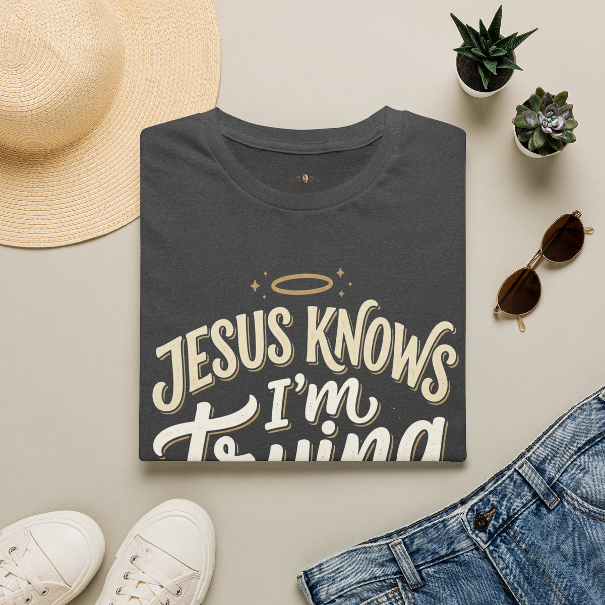 Jesus Knows I’m Trying T-Shirt — Faith-Based Christian Graphic Tee