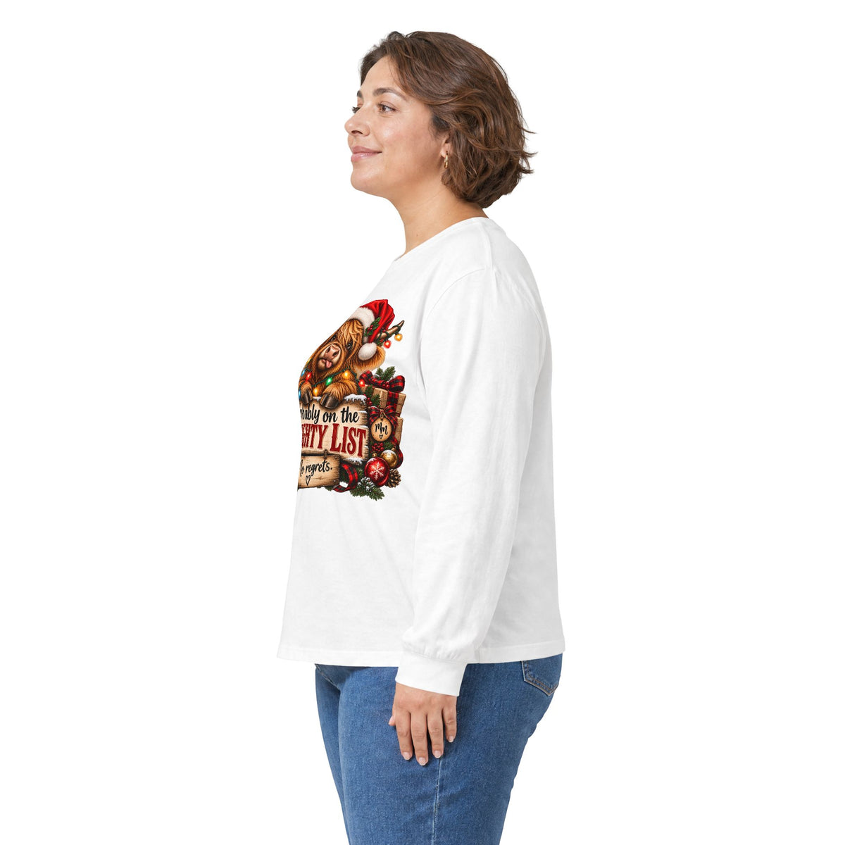 Christmas Naughty List Long Sleeve Tee — Cute Dog Santa Hat Holiday Shirt (S–5XL)