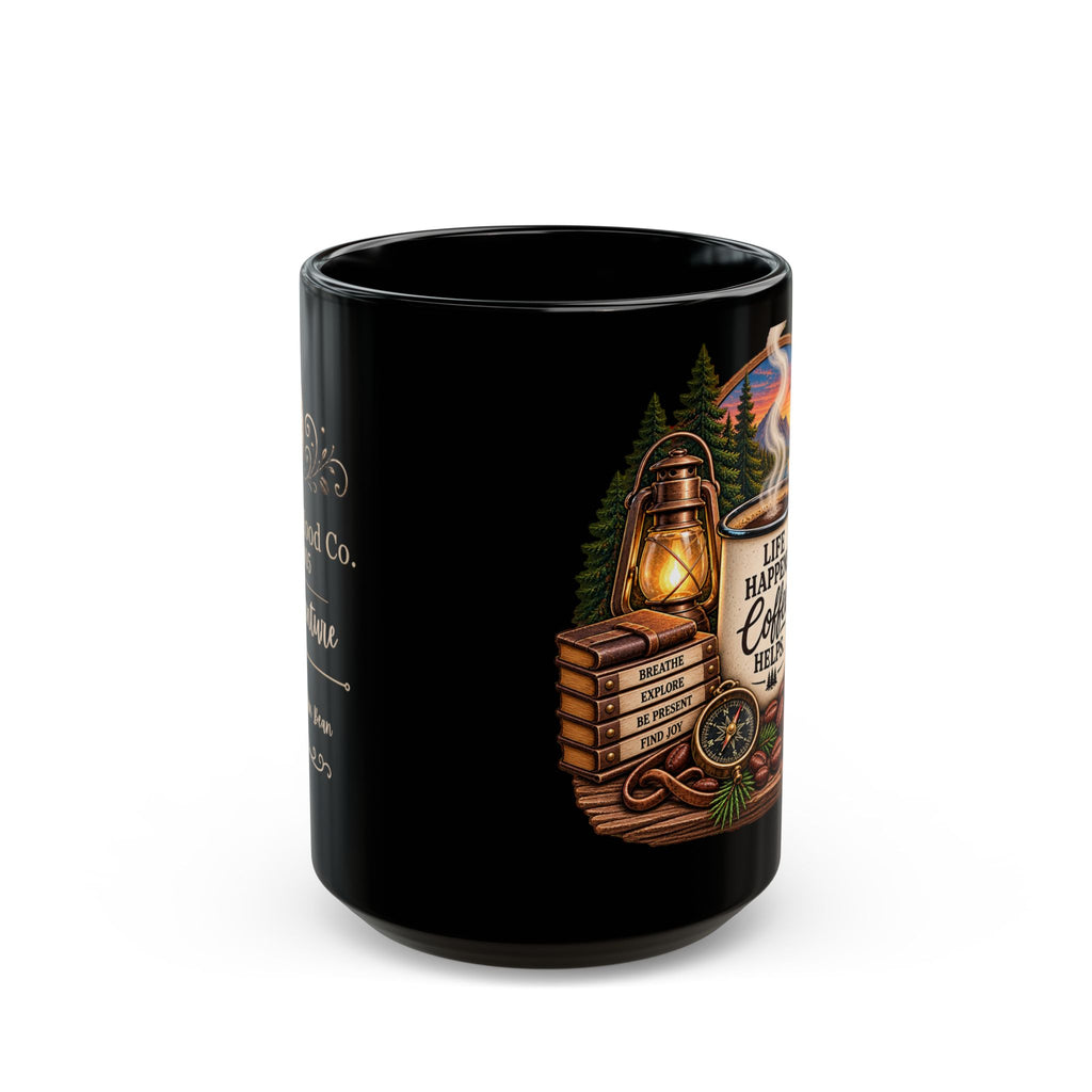 Coffee Mug — "Life Happens, Coffee Helps" Rustic Camping Black Ceramic Mug (15oz)