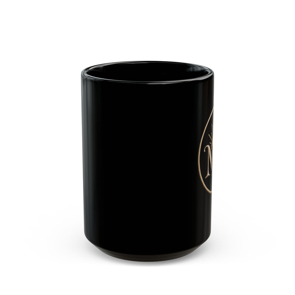 Black Ceramic Mug — Gold NM Monogram Sunrise Logo (11oz & 15oz)