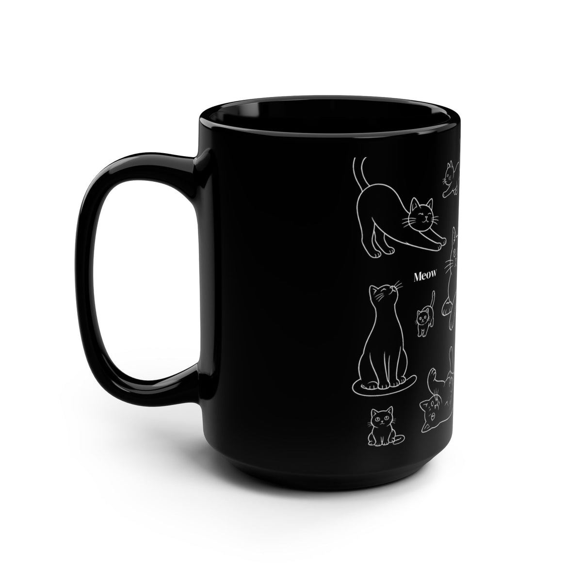 Black Cat Doodle Mug — 15oz Cute Cat Pattern Coffee Cup