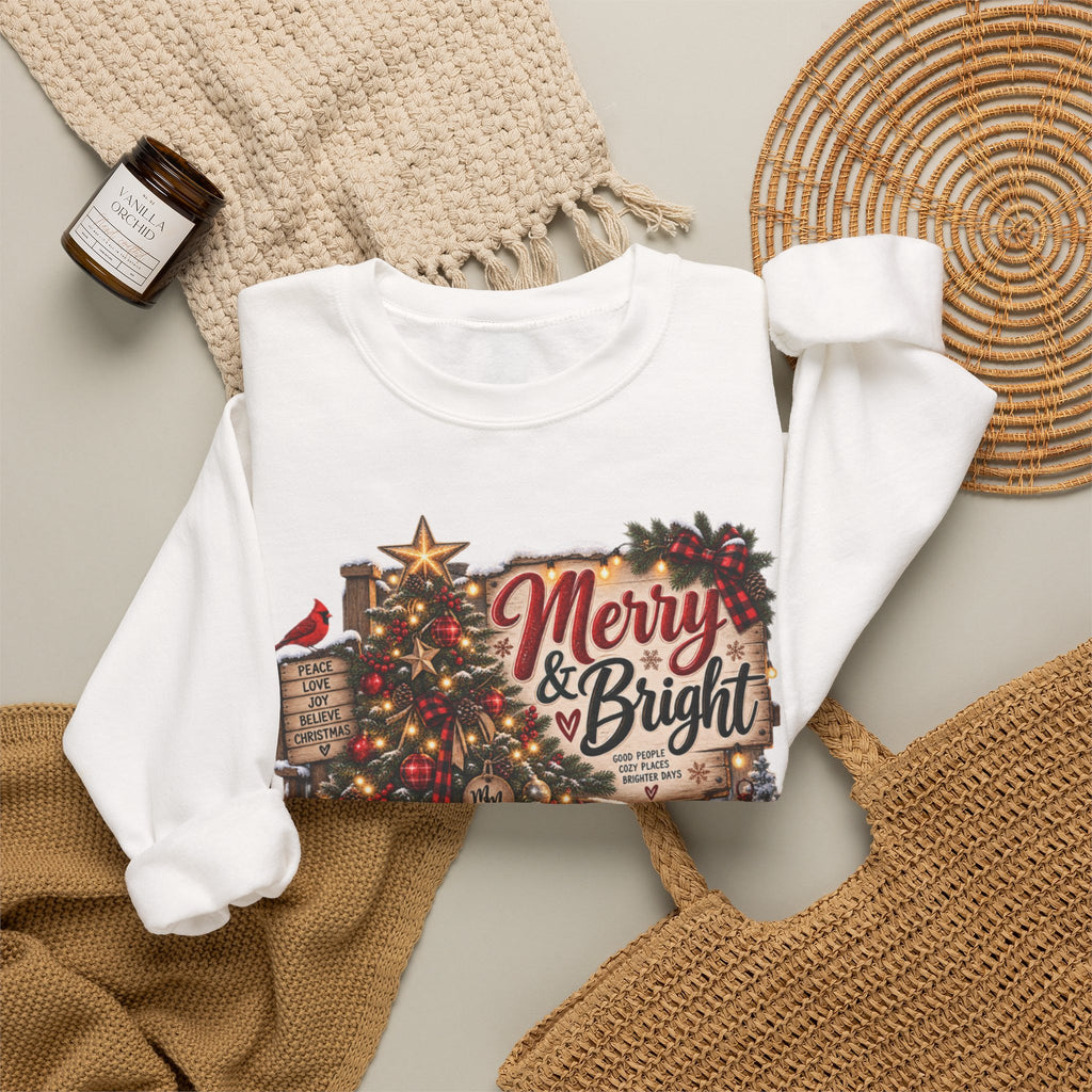 Christmas Sweatshirt "Merry & Bright" Vintage Tree Holiday Crewneck