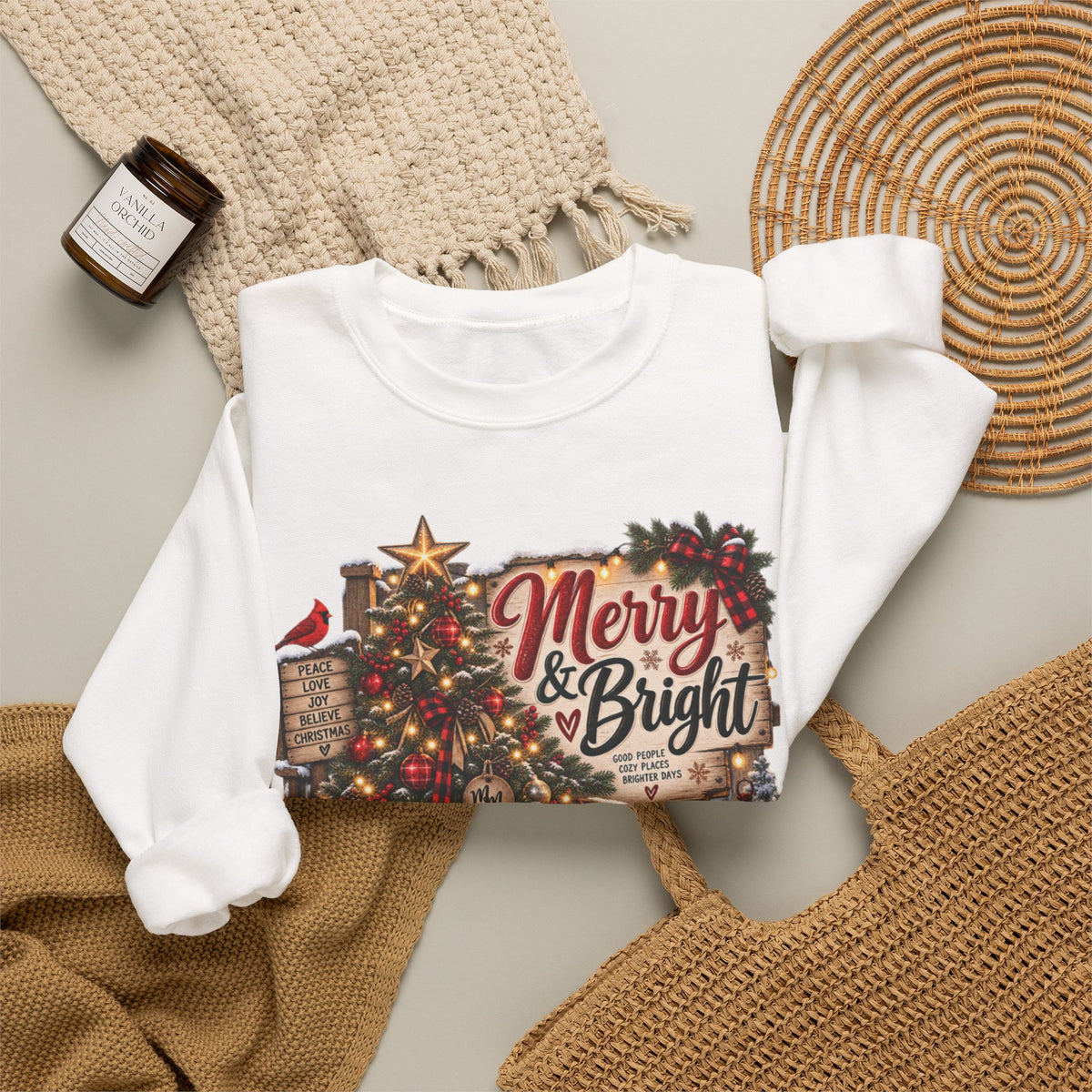 Christmas Sweatshirt "Merry & Bright" Vintage Tree Holiday Crewneck