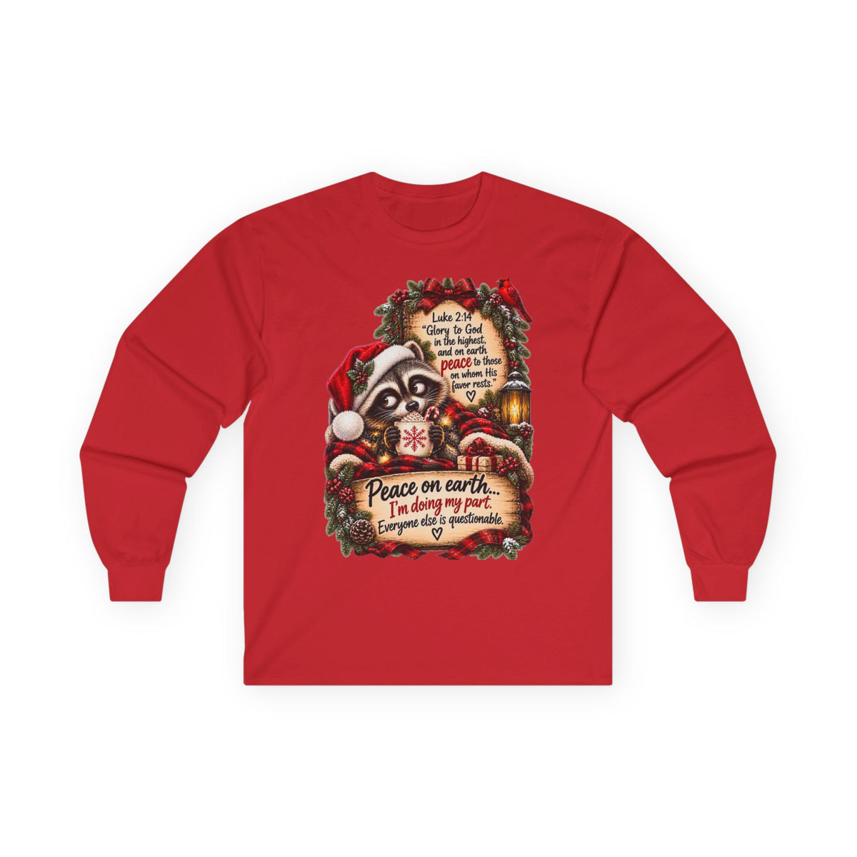 Funny Christian Christmas Shirt | Luke 2:14 Raccoon Tee