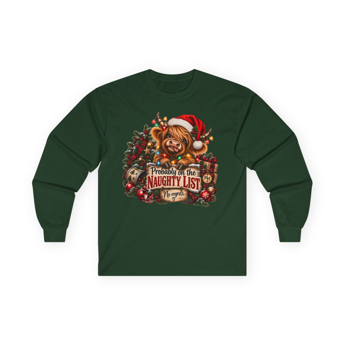 Christmas Cow Long Sleeve Tee — "Probably on the Naughty List" Holiday Shirt