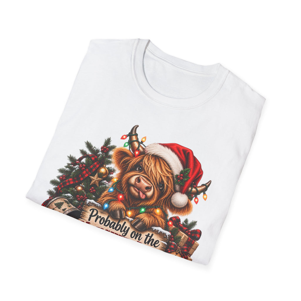 Christmas Highland Cow T-Shirt — "Probably on the Naughty List" Holiday Tee