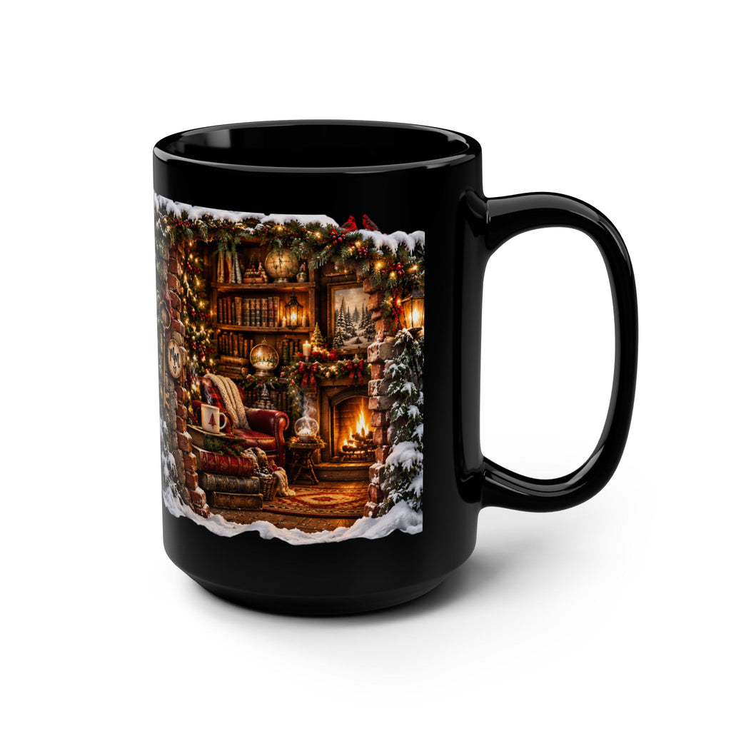 Christmas Cozy Fireplace 15oz Black Mug — 'Good Books, Hot Coffee, Christmas Movies' Holiday Coffee Cup