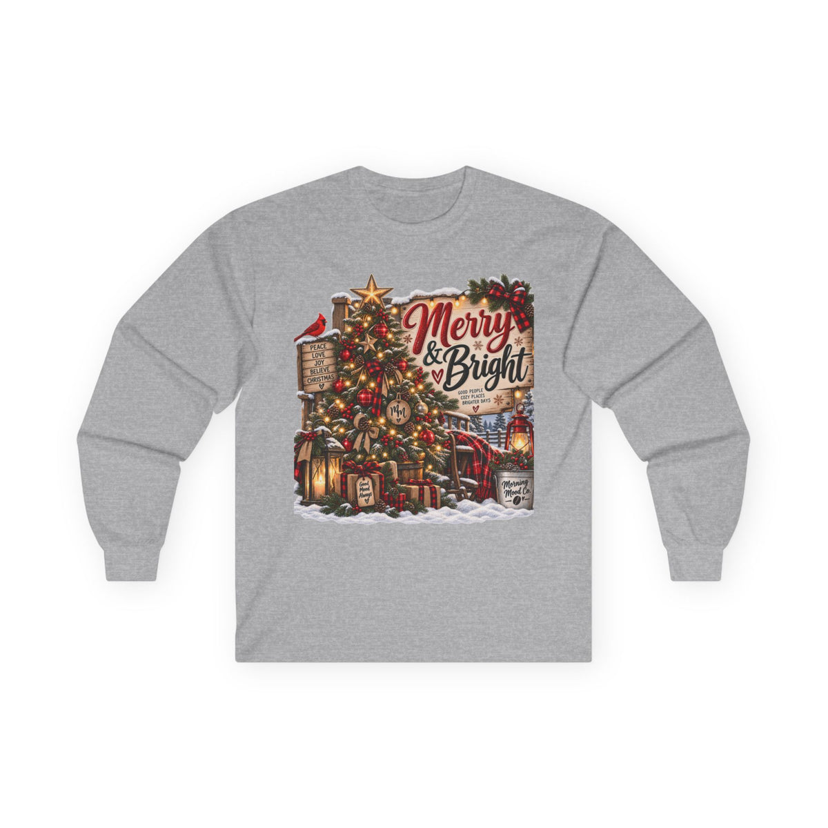 Christmas Graphic Long Sleeve Tee - "Merry & Bright" Holiday Shirt