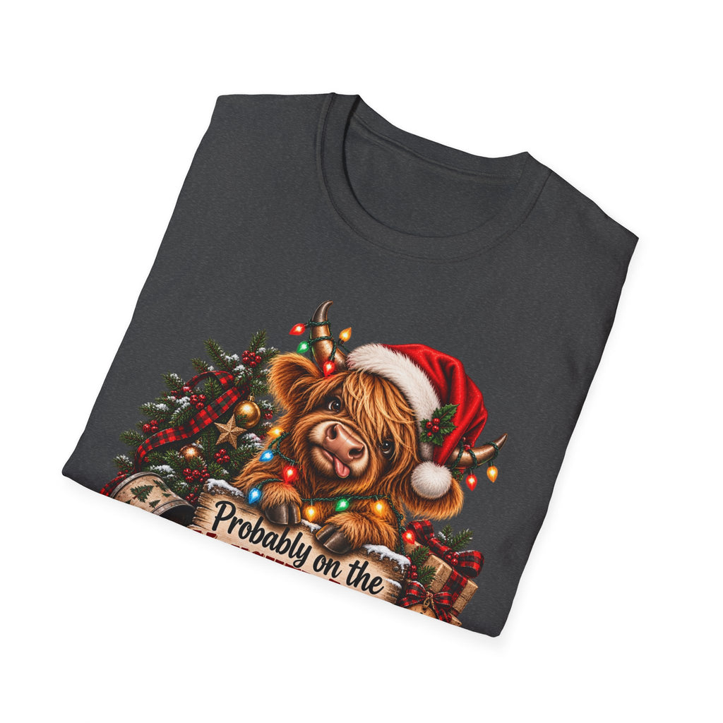Christmas Highland Cow T-Shirt — "Probably on the Naughty List" Holiday Tee