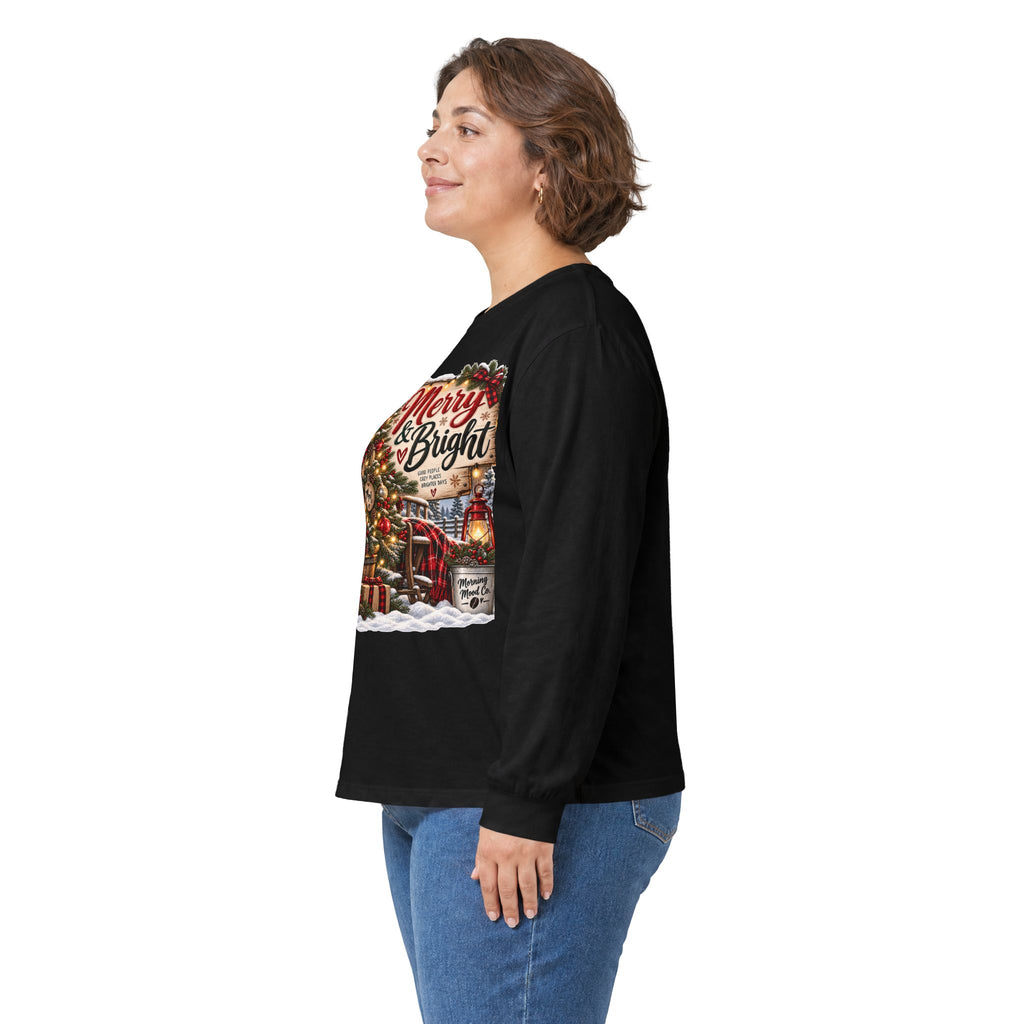 Christmas Graphic Long Sleeve Tee - "Merry & Bright" Holiday Shirt