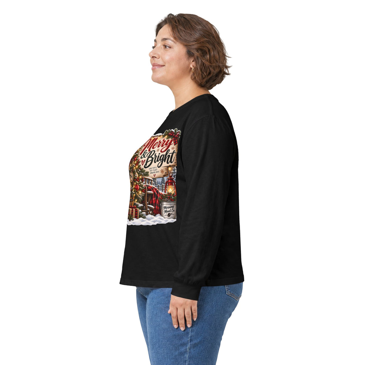 Christmas Graphic Long Sleeve Tee - "Merry & Bright" Holiday Shirt