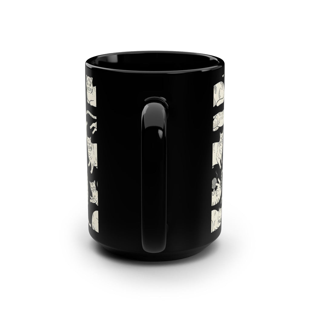 15oz Black Cat Mug — Cream Cat Pattern Coffee Cup