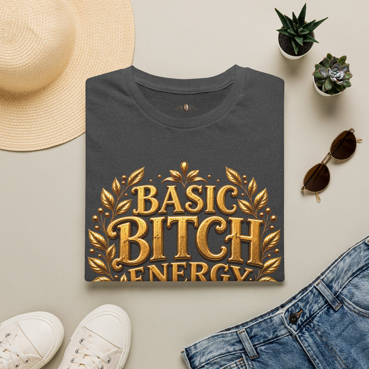 T-Shirt — "Basic Bitch Energy" Gold Crest Graphic Tee