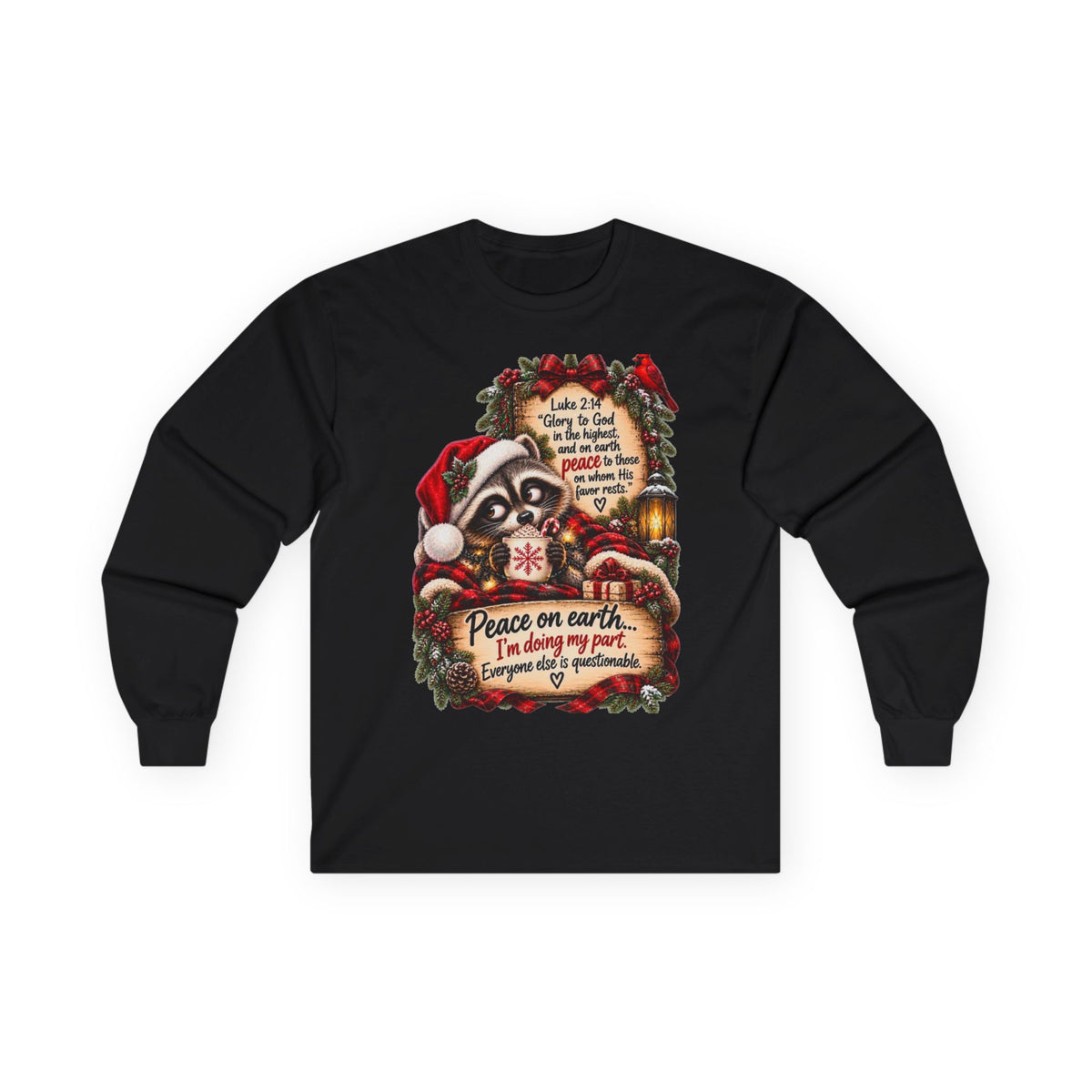 Funny Christian Christmas Shirt | Luke 2:14 Raccoon Tee